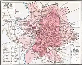 Map of ancient Rome, with the Temple of Apollo Palatinus shown on the Palatine Hill in the southern part of the city centre.