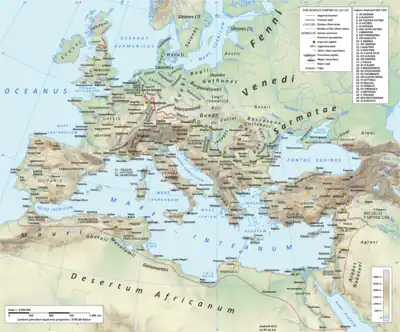 Image 34The Roman empire under Hadrian (ruled 117–138) showing the location of the Roman legions deployed in 125 AD (from Roman Empire)