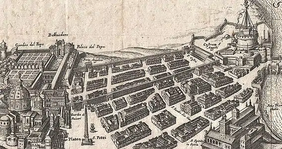 The gardens of the Cortile del Belvedere are visible to the left of this 1652 engraving of the Vatican