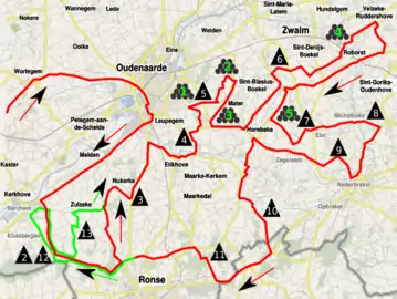 First lap of the circuit (red) and transition to the second lap (green).