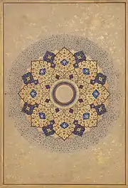 Image 67The image features a Rosette Bearing the Names and Titles of Shah Jahan; Folio from the Shah Jahan Album. It depicts a shamsa (literally, sun) traditionally opened imperial Mughal albums. Worked in bright colors and several tones of gold, the meticulously designed and painted arabesques are enriched by fantastic flowers, birds, and animals. The inscription in the center reads: "His Majesty Shihabuddin Muhammad Shahjahan, the King, Warrior of the Faith, may God perpetuate his kingdom and sovereignty.".Photo Credit: Metropolitan Museum of Art