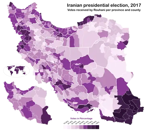 Votes received by Rouhani per province and county