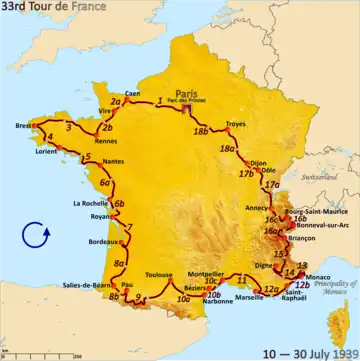 Route of the 1939 Tour de France followed counterclockwise, starting in Paris