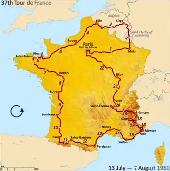 Route of the 1950 Tour de France followed counterclockwise, starting and finishing in Paris