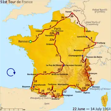 Route of the 1964 Tour de France