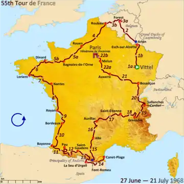 Route of the 1968 Tour de France