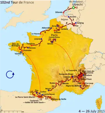 Map of France showing the showing the path of the race going counter-clockwise starting in the Netherlands, going through Belgium, then around France.