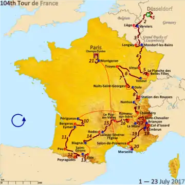 Map of France showing the route of the race starting in Germany, going through Belgium and Luxembourg, then around France.