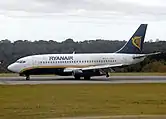 A Ryanair Boeing 737 on the landing roll at Bristol Airport