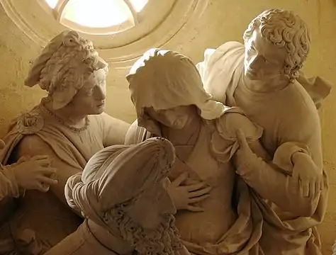 A distraught Virgin Mary is supported by St John and Marie Cléophée. Part of the Saint Mihiel "mise au tombeau".