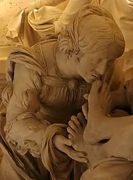 Mary Magdalene about to kiss Jesus Christ's feet. Part of the Saint Mihiel "mise au tombeau".