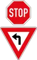 Stop. But drivers turning left must give way / yield