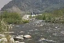 A clear stream flows between stands of tall grass with a sheer rocky cliff in the background