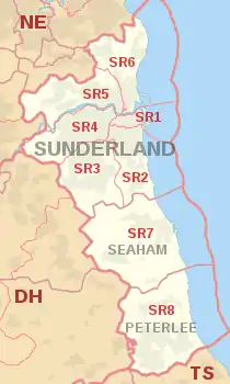 SR postcode area map, showing postcode districts, post towns and neighbouring postcode areas.