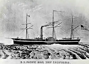 Image 1SS California (1848), the first paddle steamer to steam between Panama City and San Francisco, as part of the Pacific Mail Steamship Company. (from History of California)