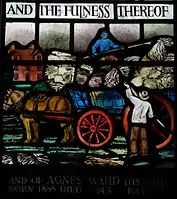 Detail from S.Matthew window in S.Margaret, Leiston, Suffolk, showing her childhood home, Lower Abbey Farm, Leiston, Suffolk