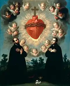 Holy heart with saint Ignacio de Loyola and Saint Luis Gonzaga. Oil on copper ca. 1770