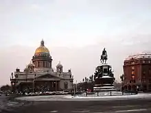 Saint Isaac of Dalmatia's Cathedral and horseback monument to Emperor Nicholas I of Russia, Astoria Hotel on the right