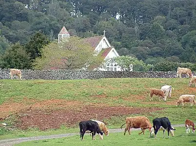 Saint Michael's Anglican Church sits atop Ōhaeawai pā site today in a pastoral setting