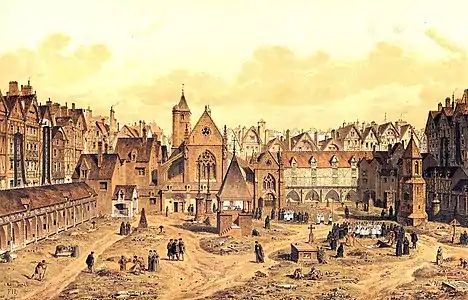 The Cemetery of the Saints-Innocents, the largest in the city,  in 1550. (19th-century engraving by Hoffbauer)