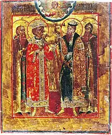 Saints of Uglich, including St. Romanus of Uglich (second from right).