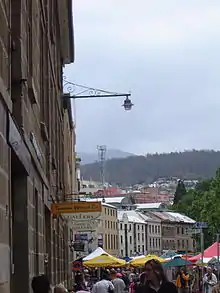 Salamanca Place looking north, with Mount Wellington in the distance