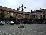 Cars parked in Saldaña's old town square, the Plaza Vieja. Cars will be forbidden in the square after a renovation that began in September, 2019 is completed.