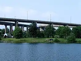 A lake with elevated roads above it