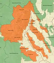 An overview map of Salmon–Challis National Forest with ranger districts and surrounding forests labelled