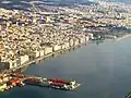 Aerial view of Nikis Avenue. On the left the port, on the right the white tower