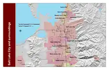 A map showing the Salt Lake Valley. It shows the locations of the cities inside the valley with mountain ranges on either side of the valley.