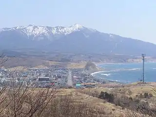 Panorama view of Mount Apoi and Samani Town