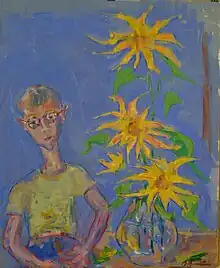 Boy and Sunflowers by Sam Borenstein, gouache on paper, 1950s.