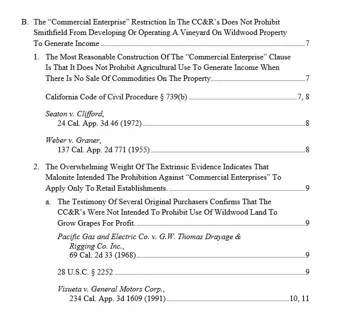 Sample table of Points and Authorities. This example shows the citations in order of their appearance under each section of the Table of Contents.