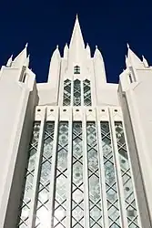 The stained glass wall of the West spire