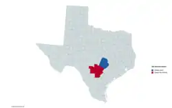 Counties in the Greater Austin area are highlighted in blue, while those in the Greater San Antonio area are marked in red.