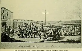 print of Louis Choris' 1816 original color painting – Ohlone ceremony at Mission San Francisco de Asis