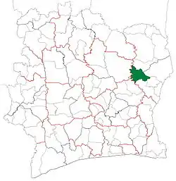 Location in Ivory Coast. Sandégué Department has retained the same boundaries since its creation in 2009.