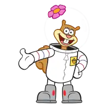 A light brown smiling cartoon squirrel wears a white airsult with a pink flower on her clear helment.