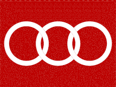 Three interlocked identical white rings on a solid red background