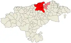 Municipalities officially part of the comarca of the Bay of Santander are in red; those not part of the administrative comarca are in light red, but the natural one - they actually lie in the comarca of Trasmiera.