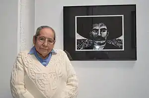 The artist with her portrait of Emiliano Zapata