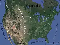 A satellite image illustrating the generalized distribution of the Great Plains. The exact boundaries may vary among context or disciplines (e.g. ecology, geology, geopolitical definitions).