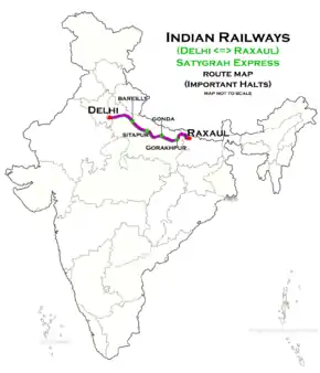 Satyagrah Express (Delhi–Raxaul) route map