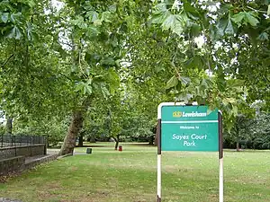  A park with a sign saying Sayes Court Park