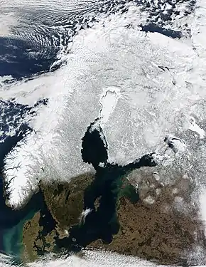 Photo of the Fennoscandian Peninsula and Denmark, as well as other areas surrounding the Baltic Sea, in March 2002