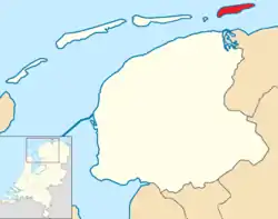 Highlighted position of Schiermonnikoog in a municipal map of Friesland