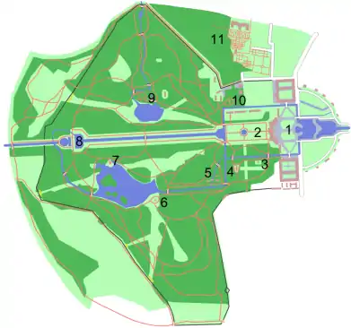 Overview: 1 Palace, 2 Grand parterre, 3 Crown prince garden, 4 Amalienburg, 5 Dörfchen with Brunnhaus, 6 Badenburg, 7 Monopteros, 8 Marble cascade, 9 Pagodenburg, 10 Magdalenenklause, 11 Botanical Garden