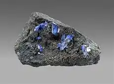 Bright blue scorodite crystals on brown-black beudantite, 8 x 5 x 3 cm.