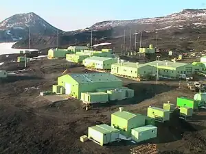 Aerial photograph of Scott Base looking towards Observation Hill.